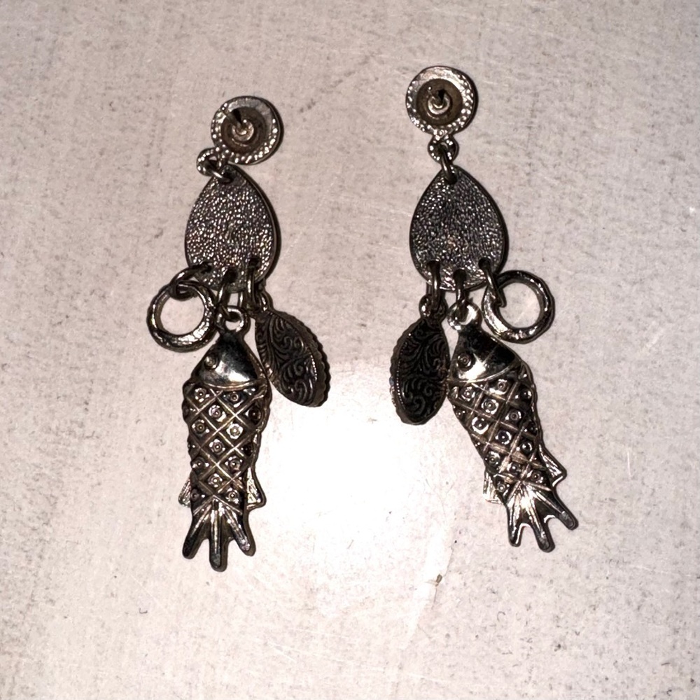 Silver Fish Earrings with Turquoise Color Stones - Picture 5 of 5